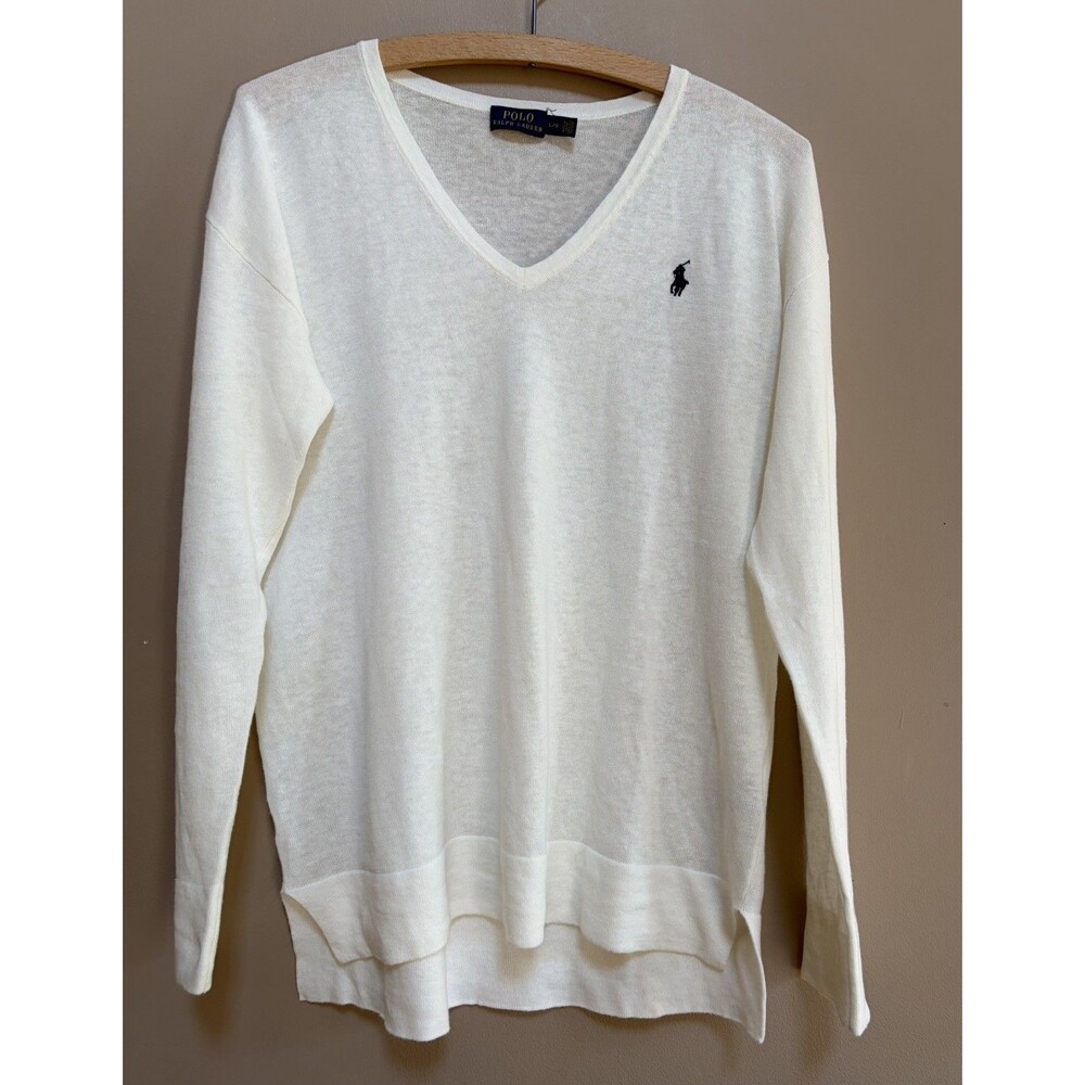 Polo Ralph Lauren Linen Cotton Cream Lightweight Sweater Size Large Women Vneck